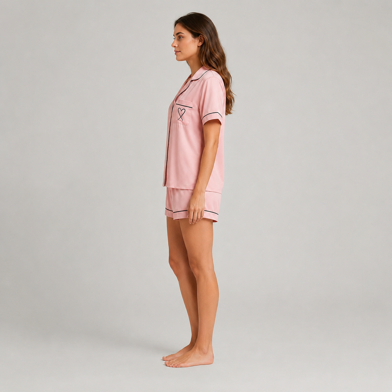 2 Piece Pajama Set With Button Down Top And Shorts For Women