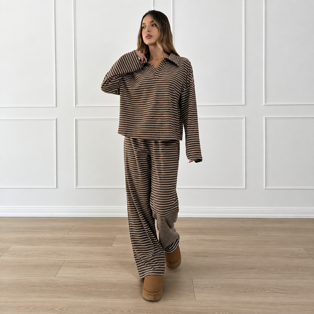 Striped Long Sleeve Top and Elastic Pants 2 Piece Casual Travel Set for Women