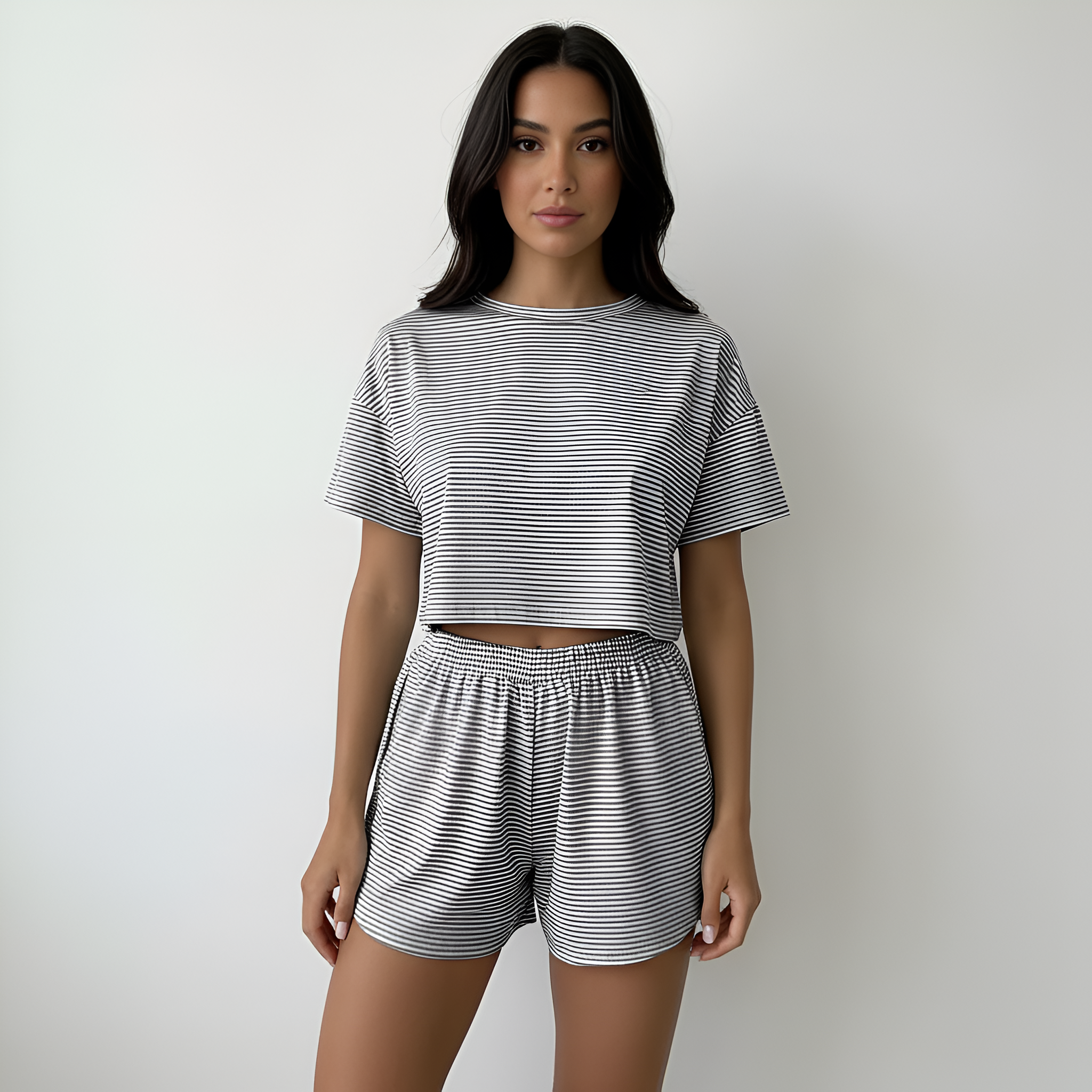 Two Piece Striped Print T Shirt And Split Shorts Pajamas Set For Women