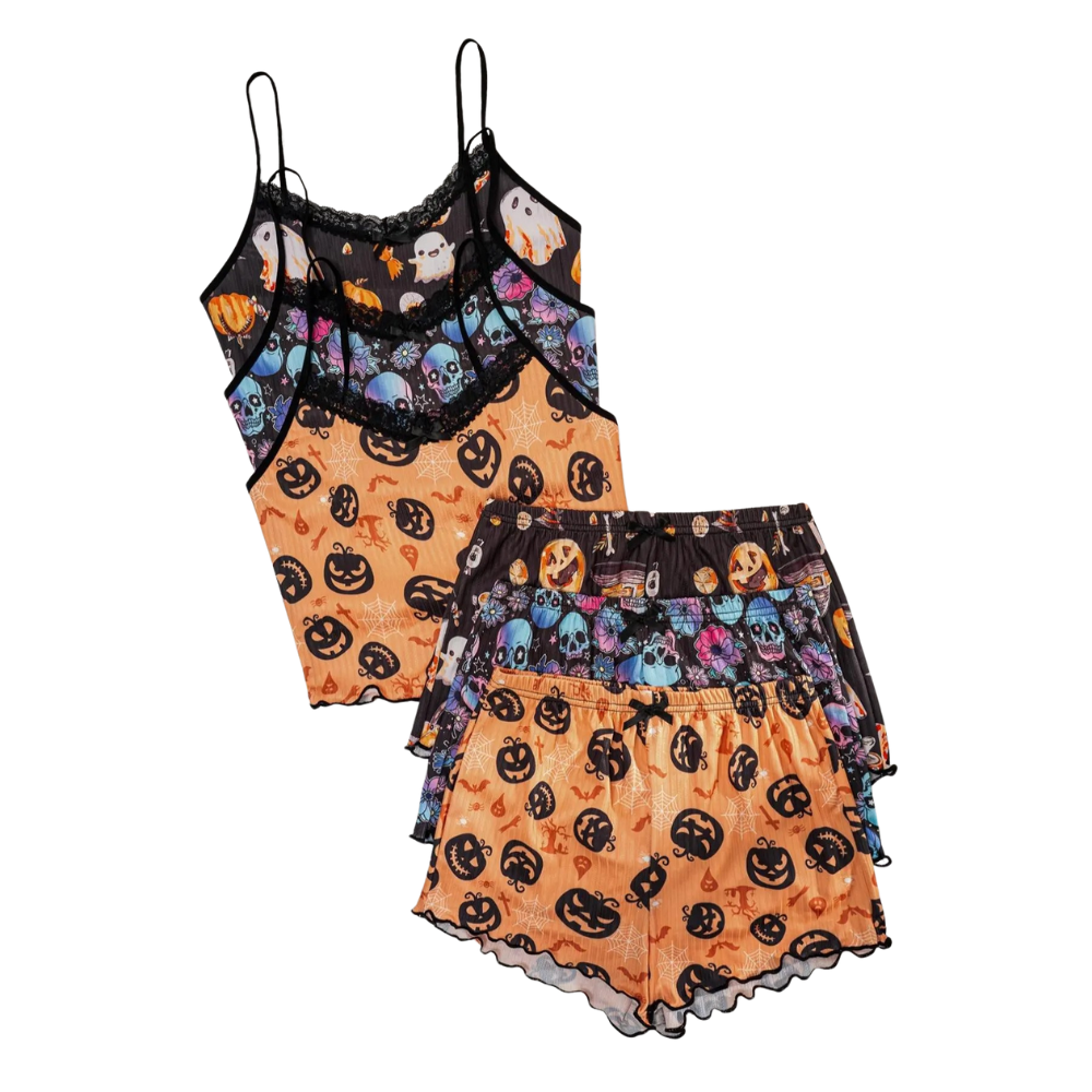 2 Piece Pajama Set With Sleeveless Cami Top And Trim Shorts For Women
