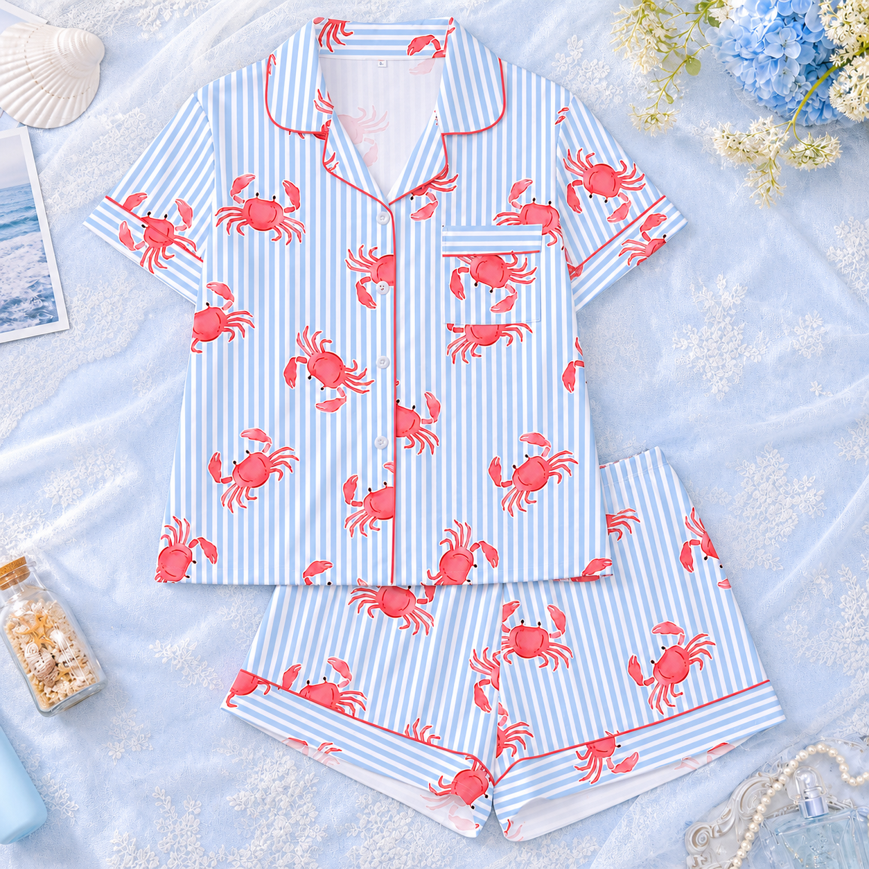 2 Pieces Crab Printed Pajama Shorts Set For Women