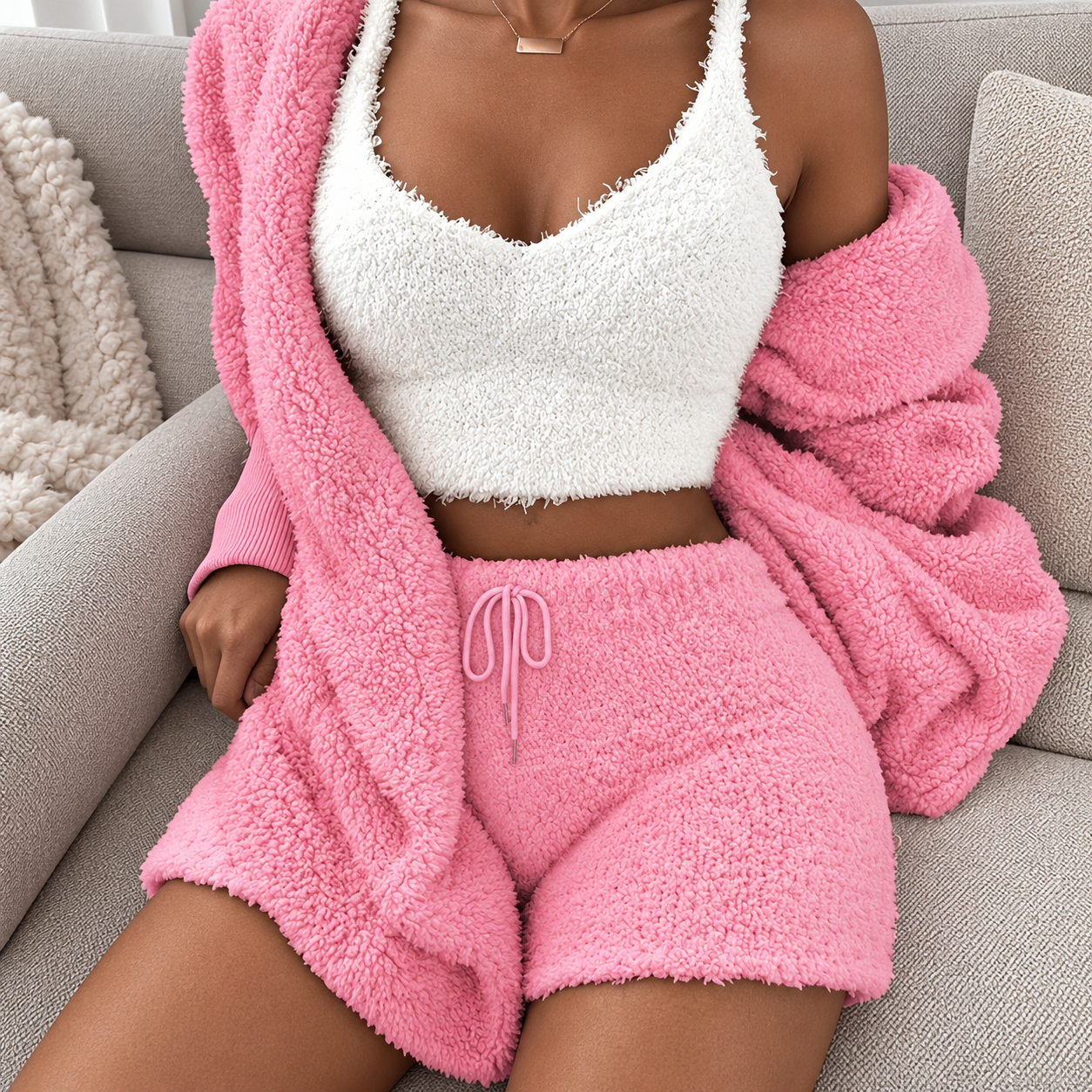 3 Pieces Soft Fluffy Hooded Loungewear Set For Women