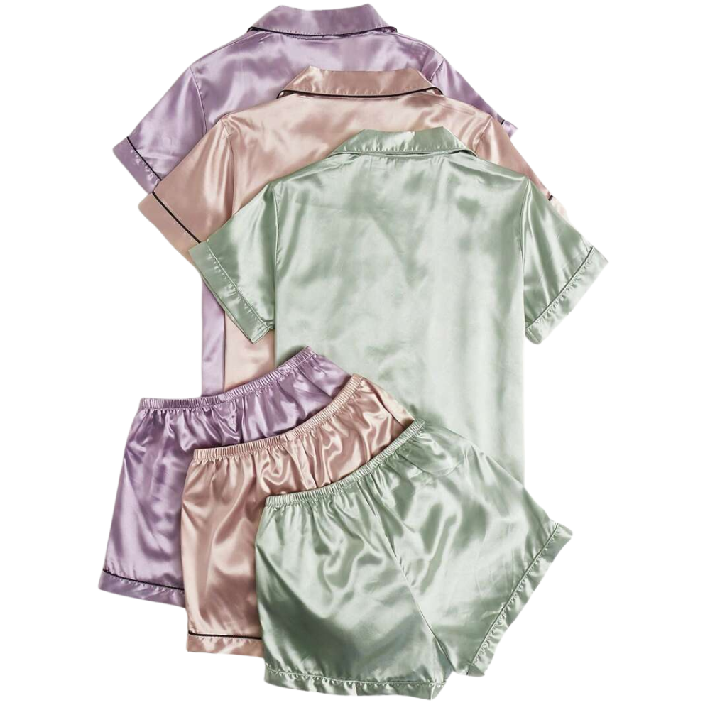 Pack Of 3 Contrast Piping Blouse And Shorts Set For Women 