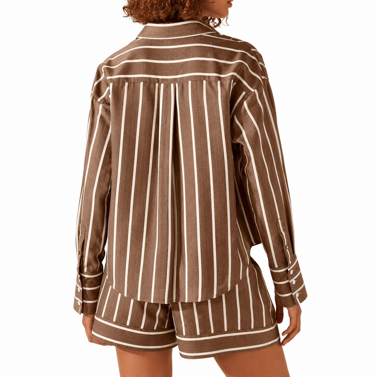 Striped Sleeve Down Collared Shirt Sets For Women