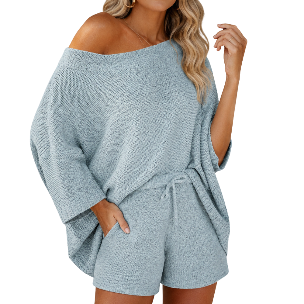 2 Piece Lounge Set With Oversized Top And Drawstring Shorts  For Women