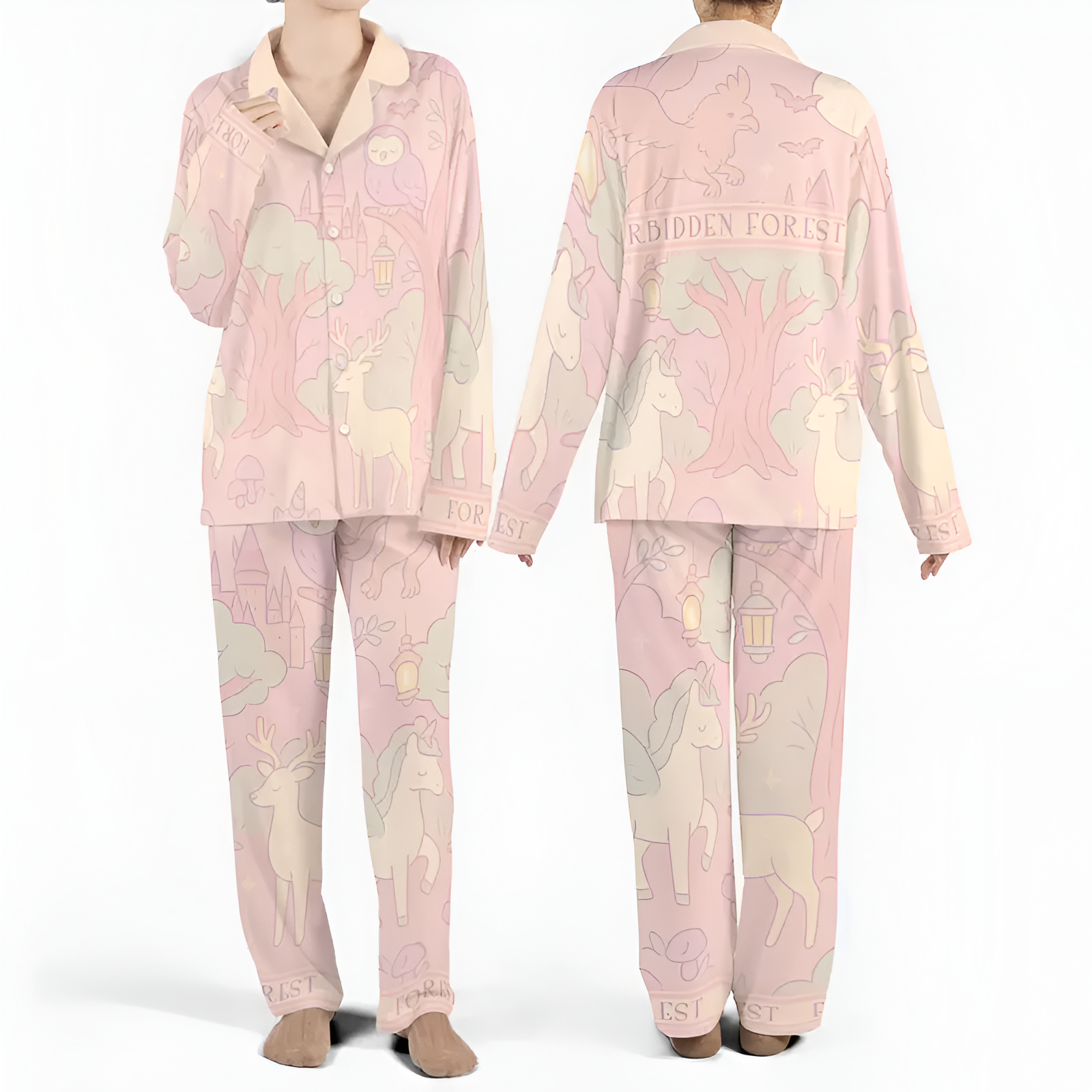 Long Sleeve Satin Forest Themed Pajama Set