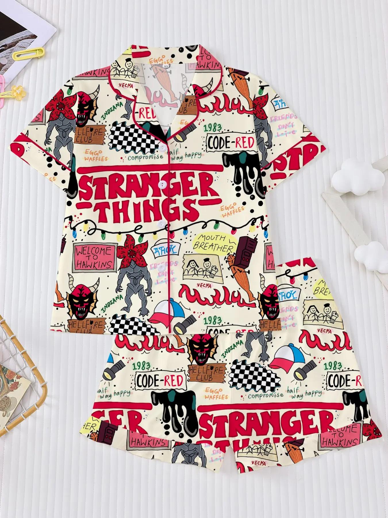 2 Pieces Short Sleeve Cartoon Graphic Loungewear Set for Women