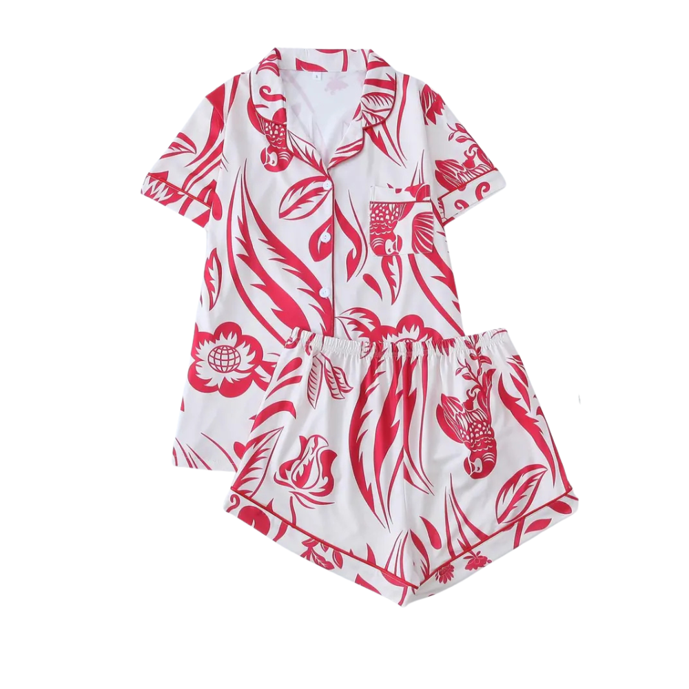 Printed Button Front Shirt And Shorts Pajama Lounge Set For Women