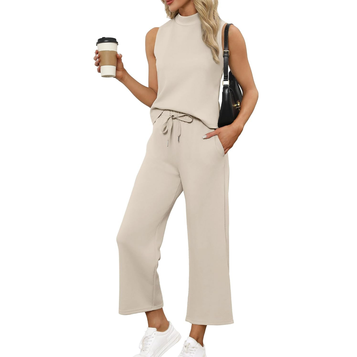 2 Pieces Mock Top And Wide Crop Pants Lounge Set For Women