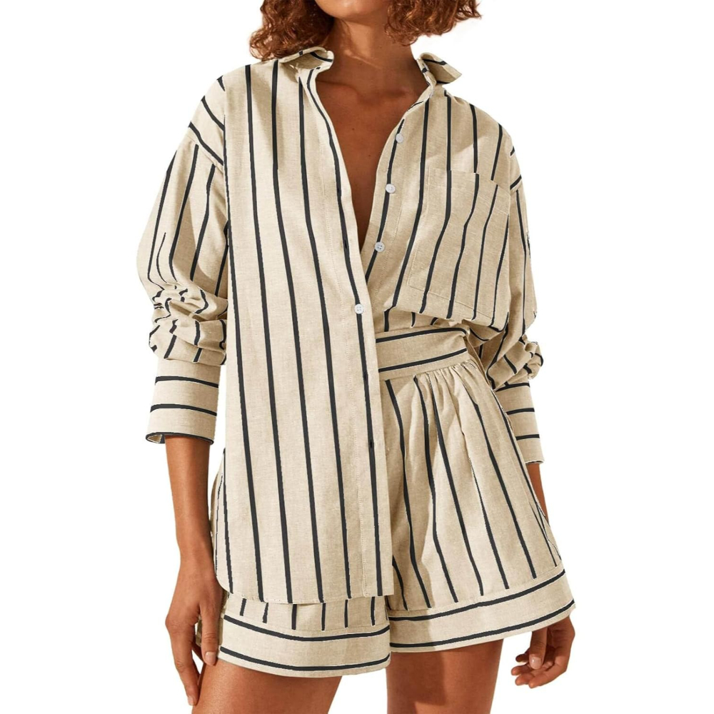 Striped Sleeve Down Collared Shirt Sets For Women