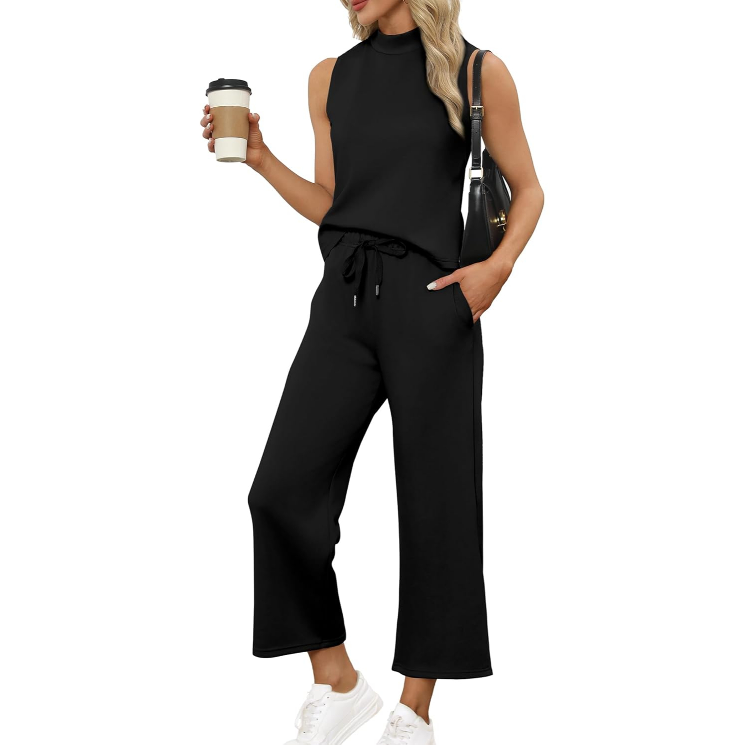 2 Pieces Mock Top And Wide Crop Pants Lounge Set For Women