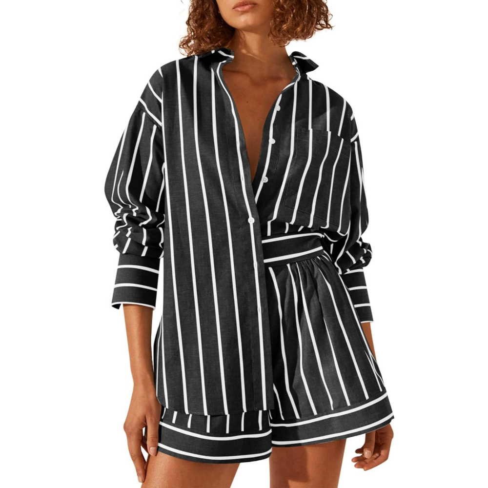 Striped Sleeve Down Collared Shirt Sets For Women