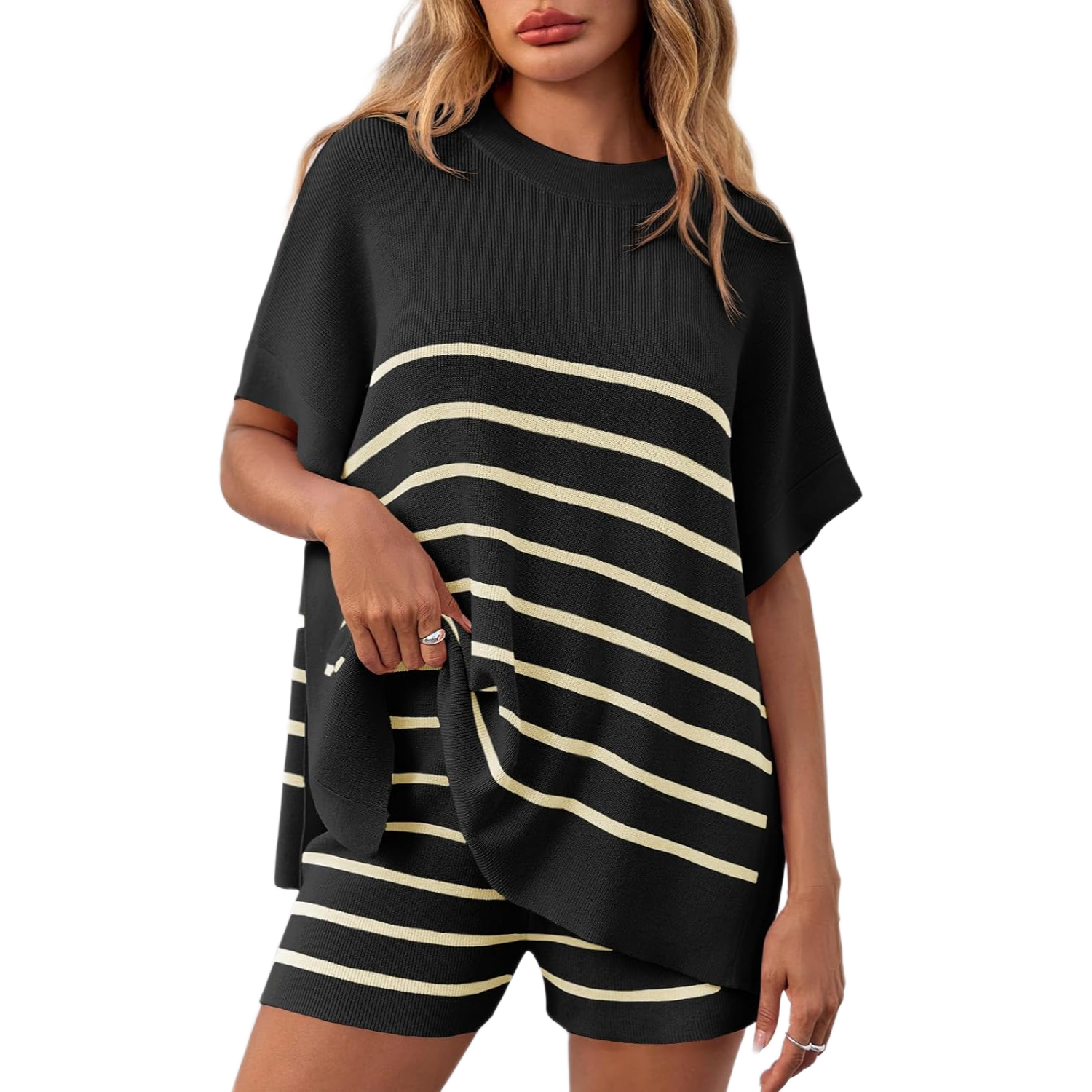 Striped Knit Batwing Short Sleeve Tops And Shorts Set For Women