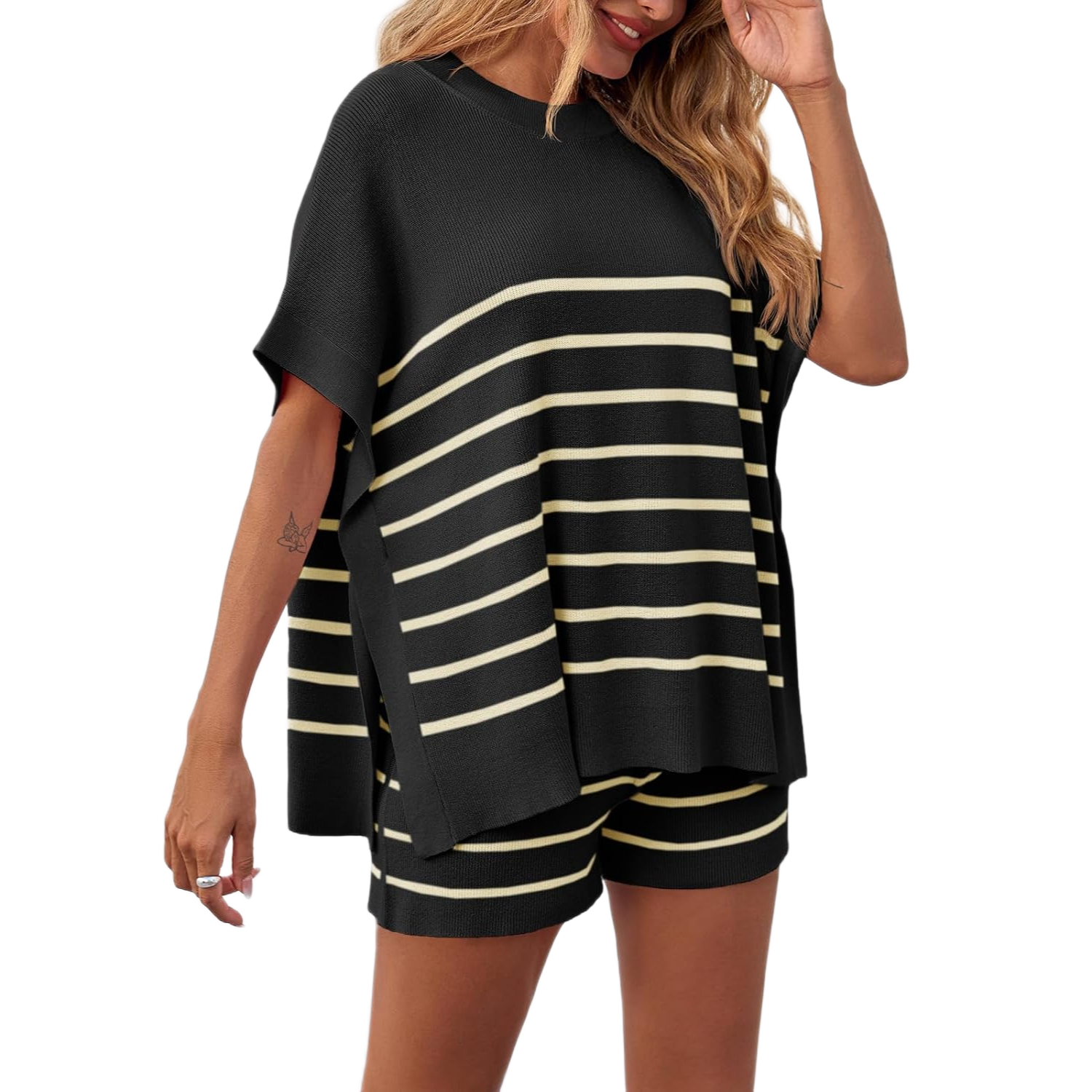Striped Knit Batwing Short Sleeve Tops And Shorts Set For Women