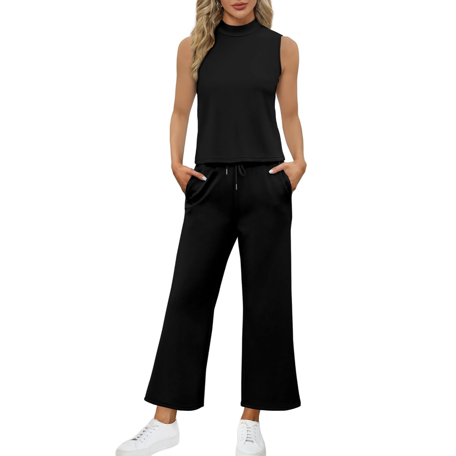 2 Pieces Mock Top And Wide Crop Pants Lounge Set For Women