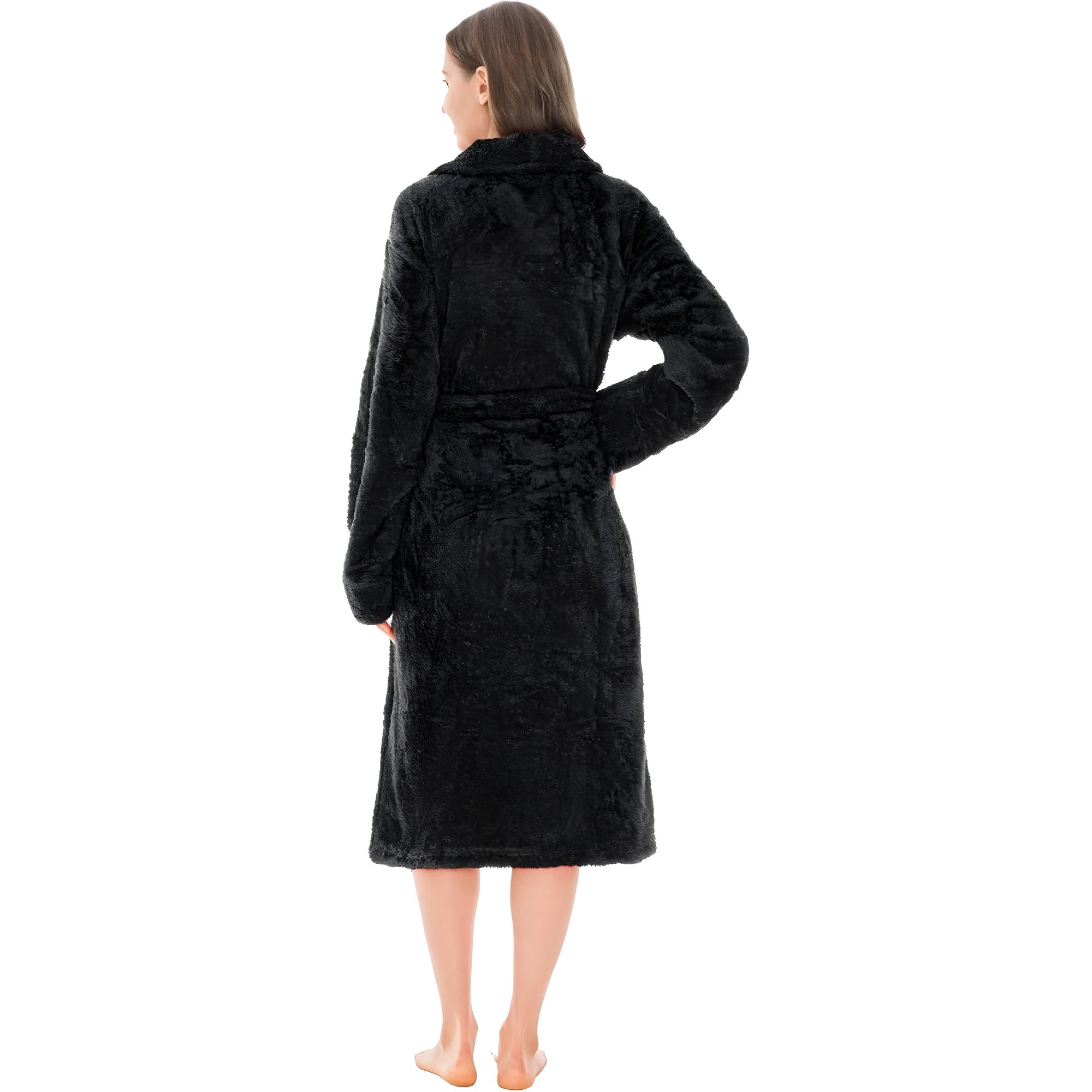 Plush Fleece Sherpa Style Long Bath Robe With Side Pockets For Women
