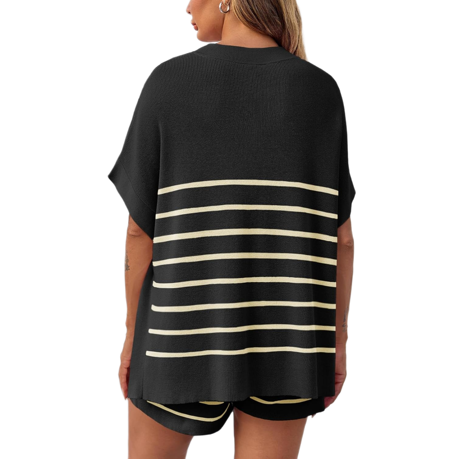 Striped Knit Batwing Short Sleeve Tops And Shorts Set For Women