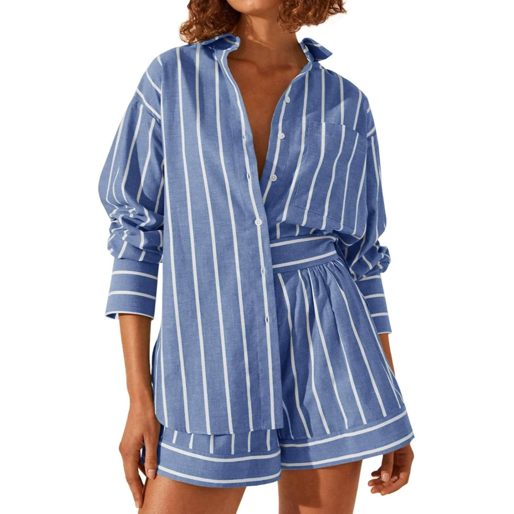 Striped Sleeve Down Collared Shirt Sets For Women