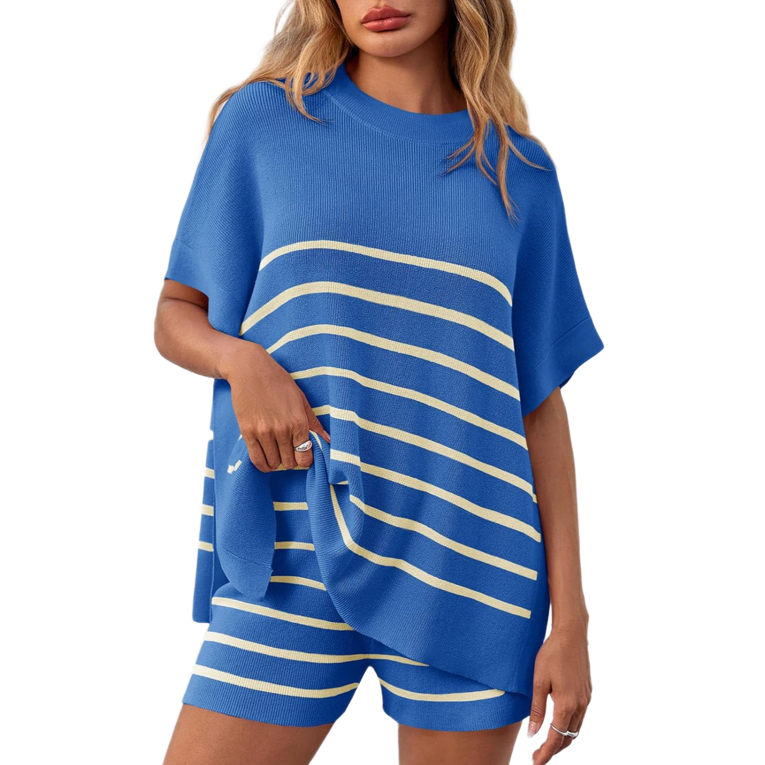 Striped Knit Batwing Short Sleeve Tops And Shorts Set For Women