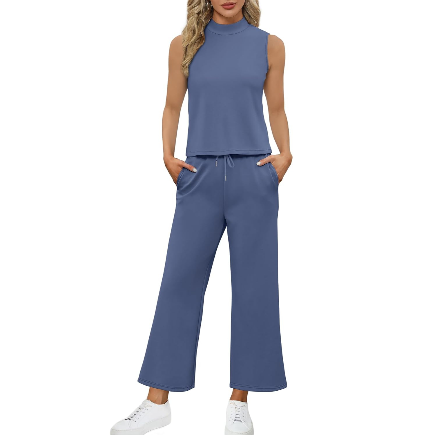 2 Pieces Mock Top And Wide Crop Pants Lounge Set For Women