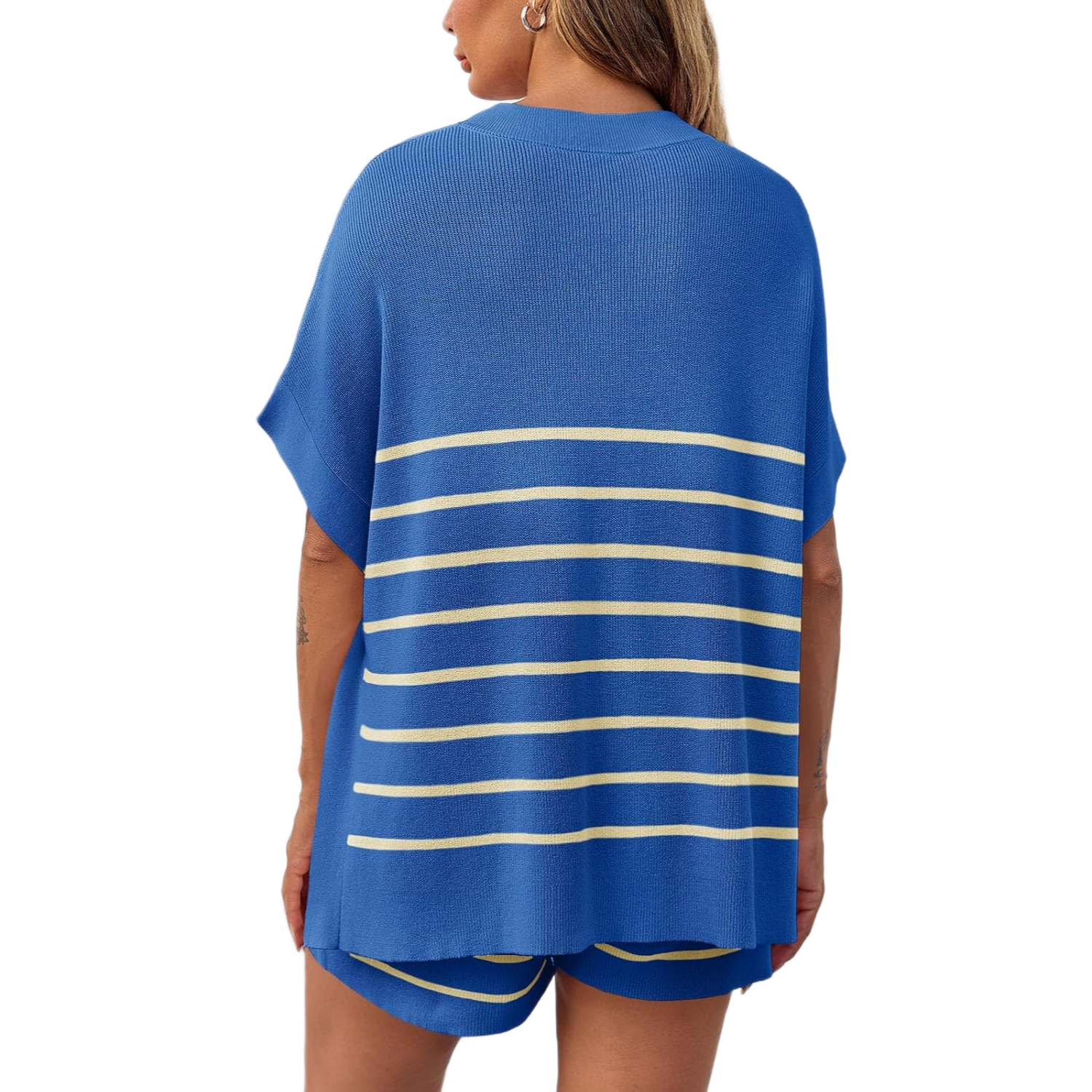 Striped Knit Batwing Short Sleeve Tops And Shorts Set For Women