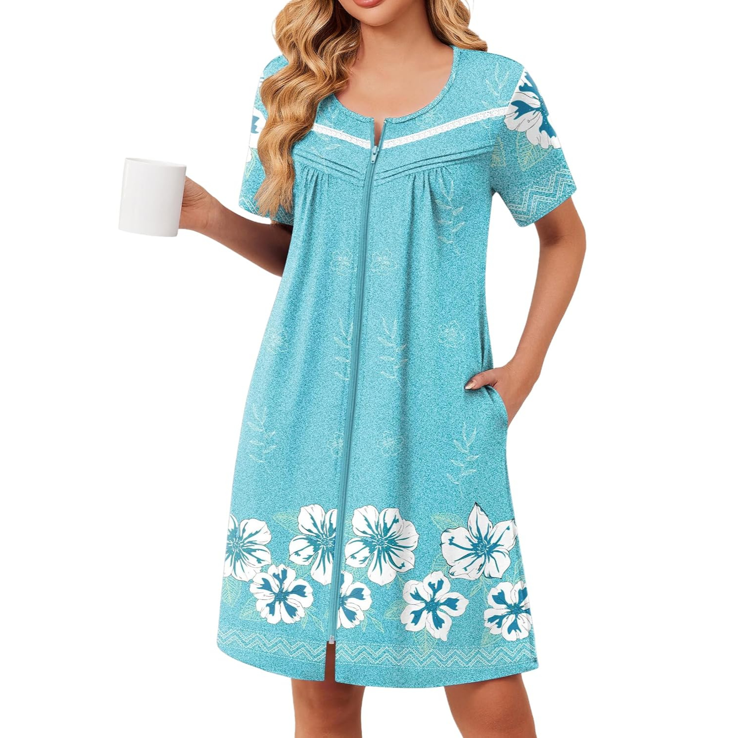 Lightweight Short Sleeve Zipper Robes with Pockets For Women