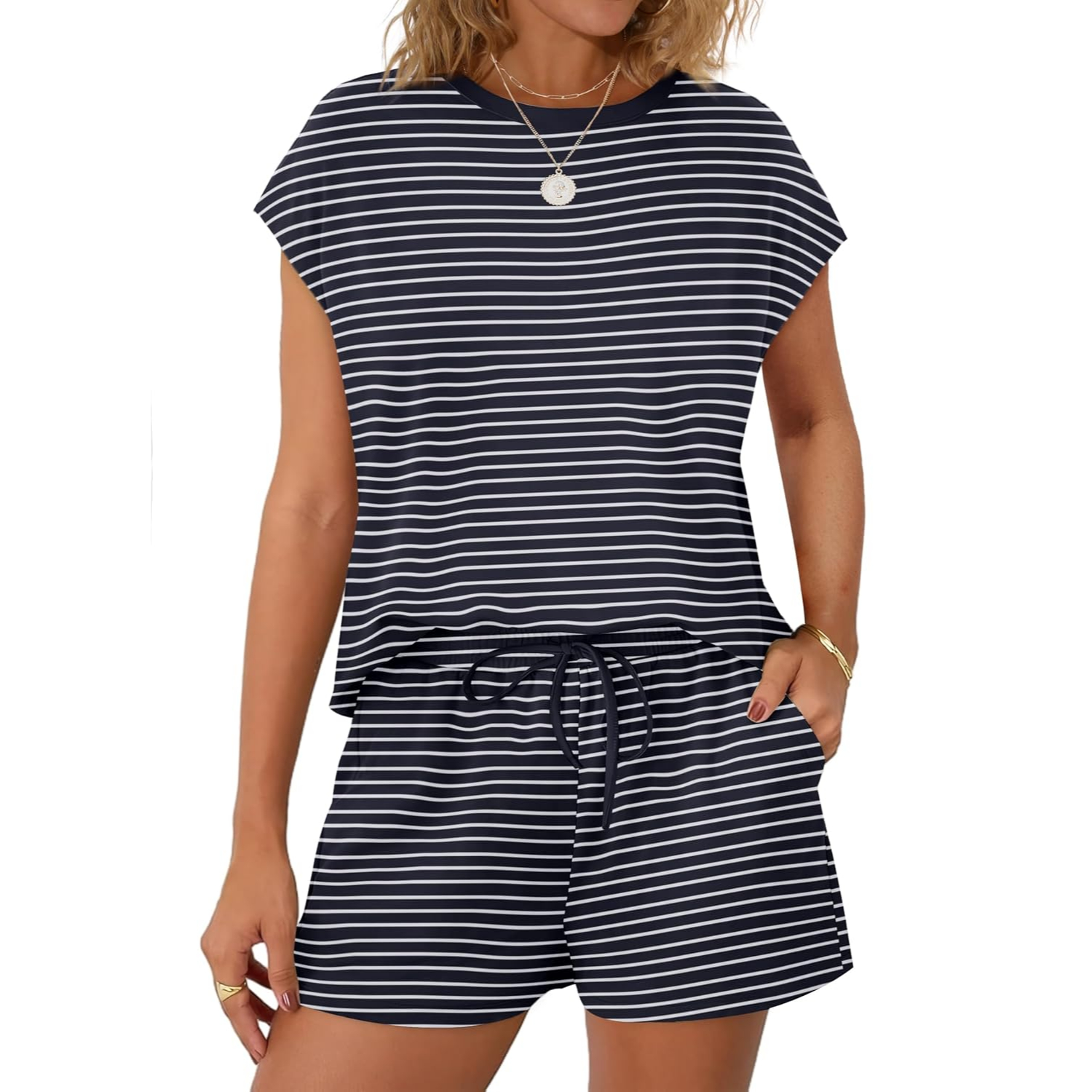 2 Pieces Cap Sleeve Top And Drawstring Shorts Set For Women