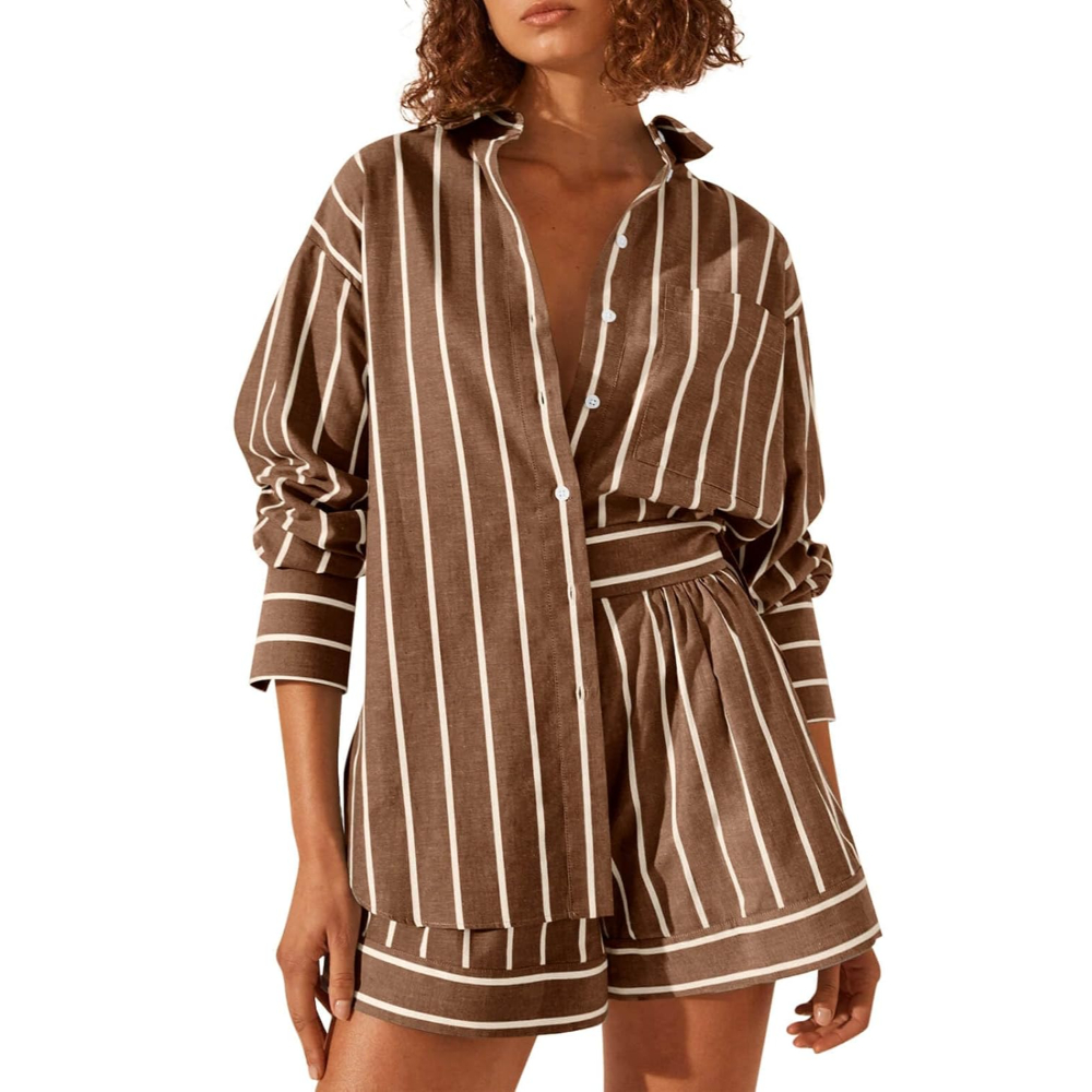 Striped Sleeve Down Collared Shirt Sets For Women
