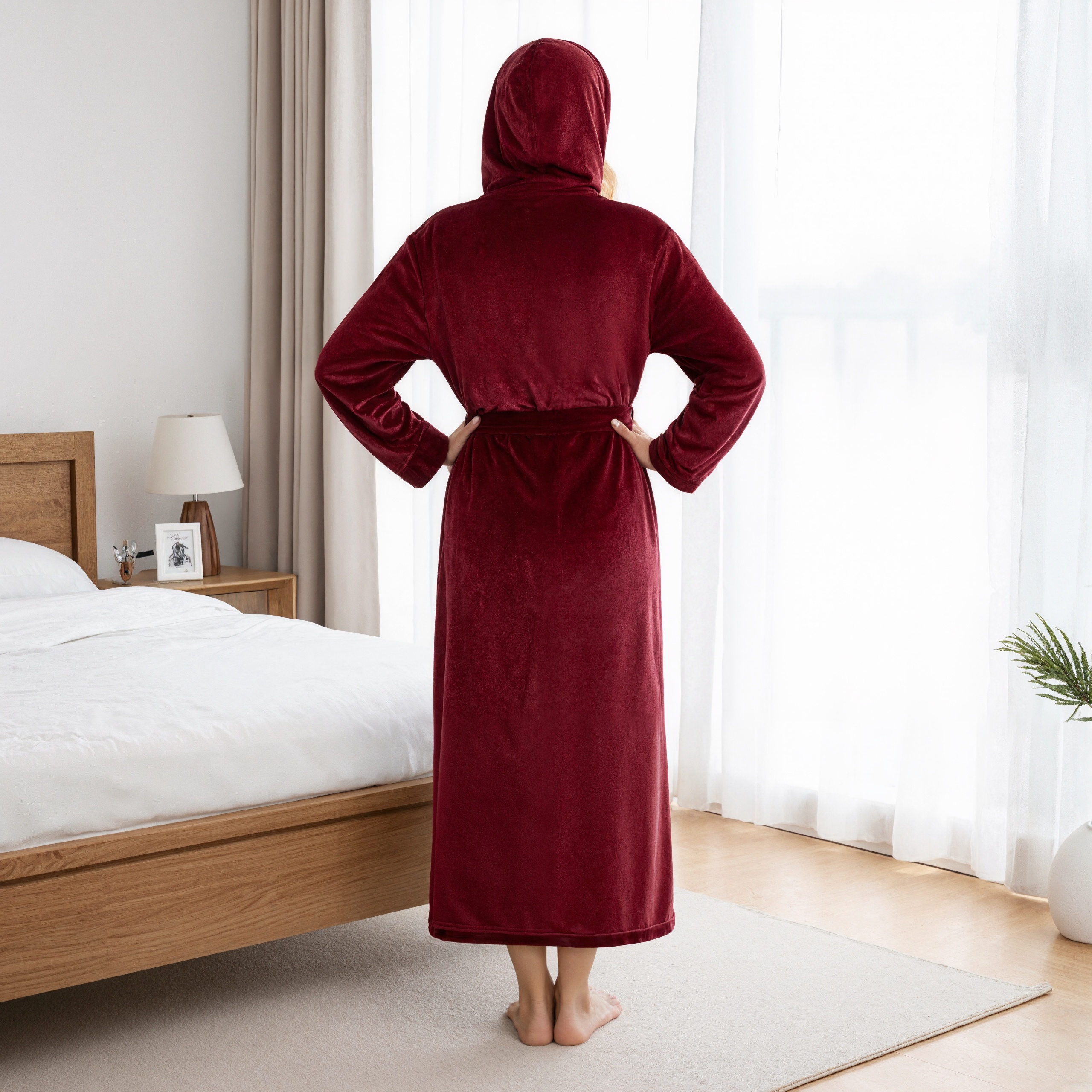 Hooded Plush Fleece Long Bath Robe With Belt And Pockets For Women