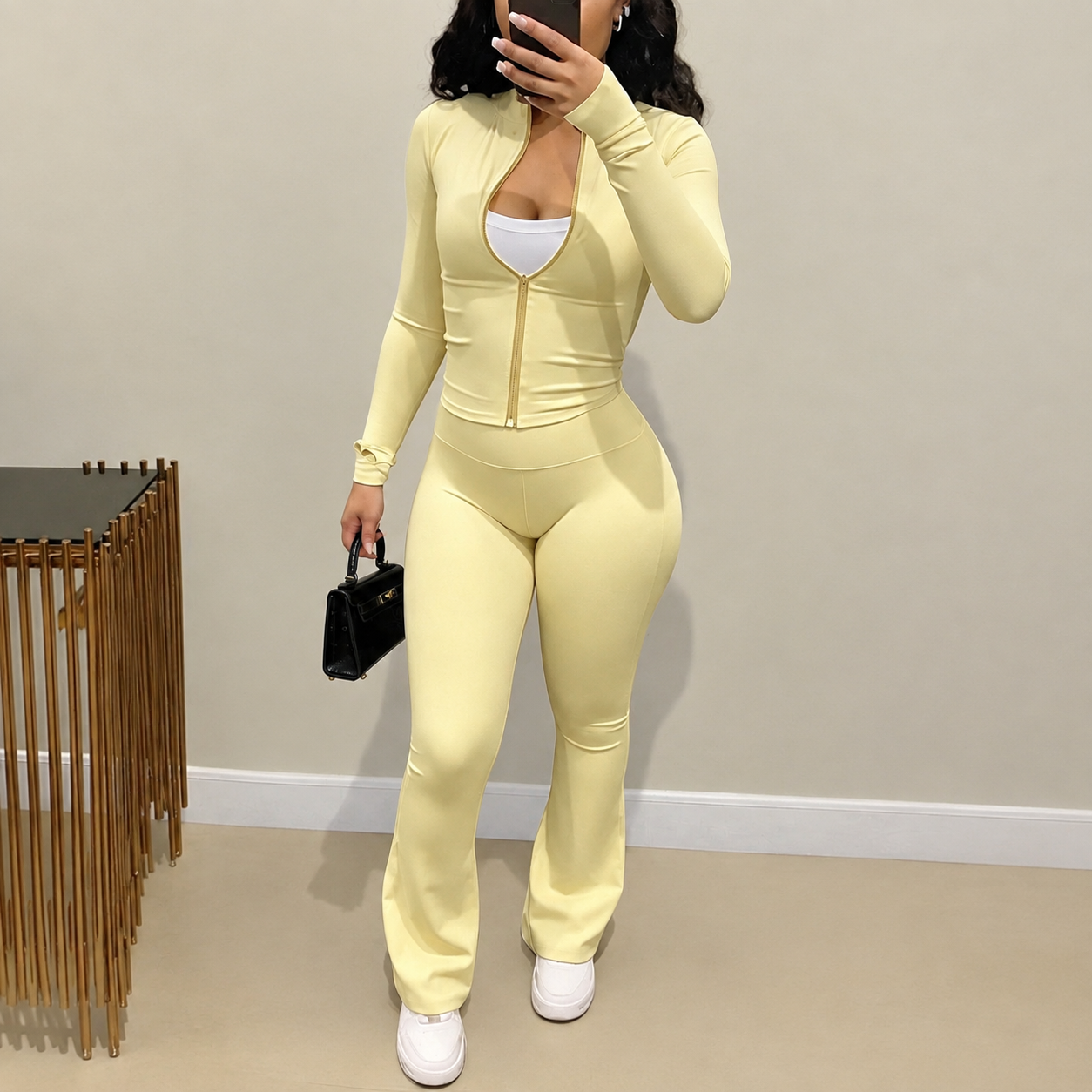 Zip Up Fitted Cardigan Top and Wide Cut Pants 2 Piece Set for Women