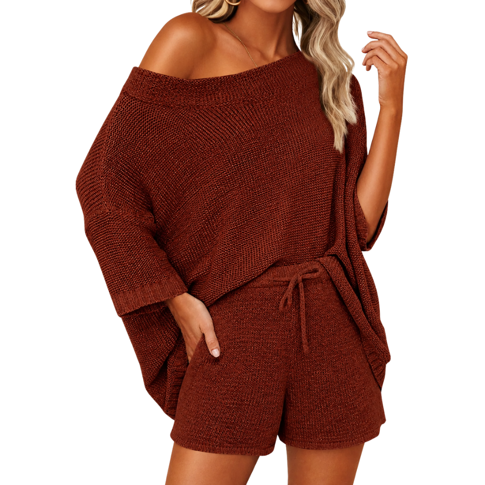 2 Piece Lounge Set With Oversized Top And Drawstring Shorts  For Women