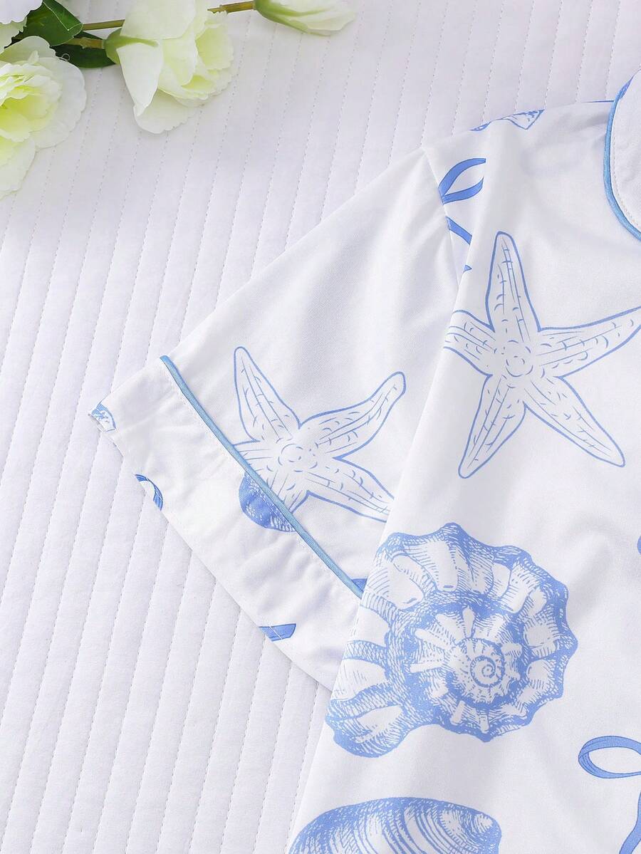 2pcs Women Pajama Set, Seashell Print, Ladies Homewear, Spring/Summer Holiday Outfit, Short Sleeve Lapel Top And Shorts Can Be Worn Outerwear - White - View 4