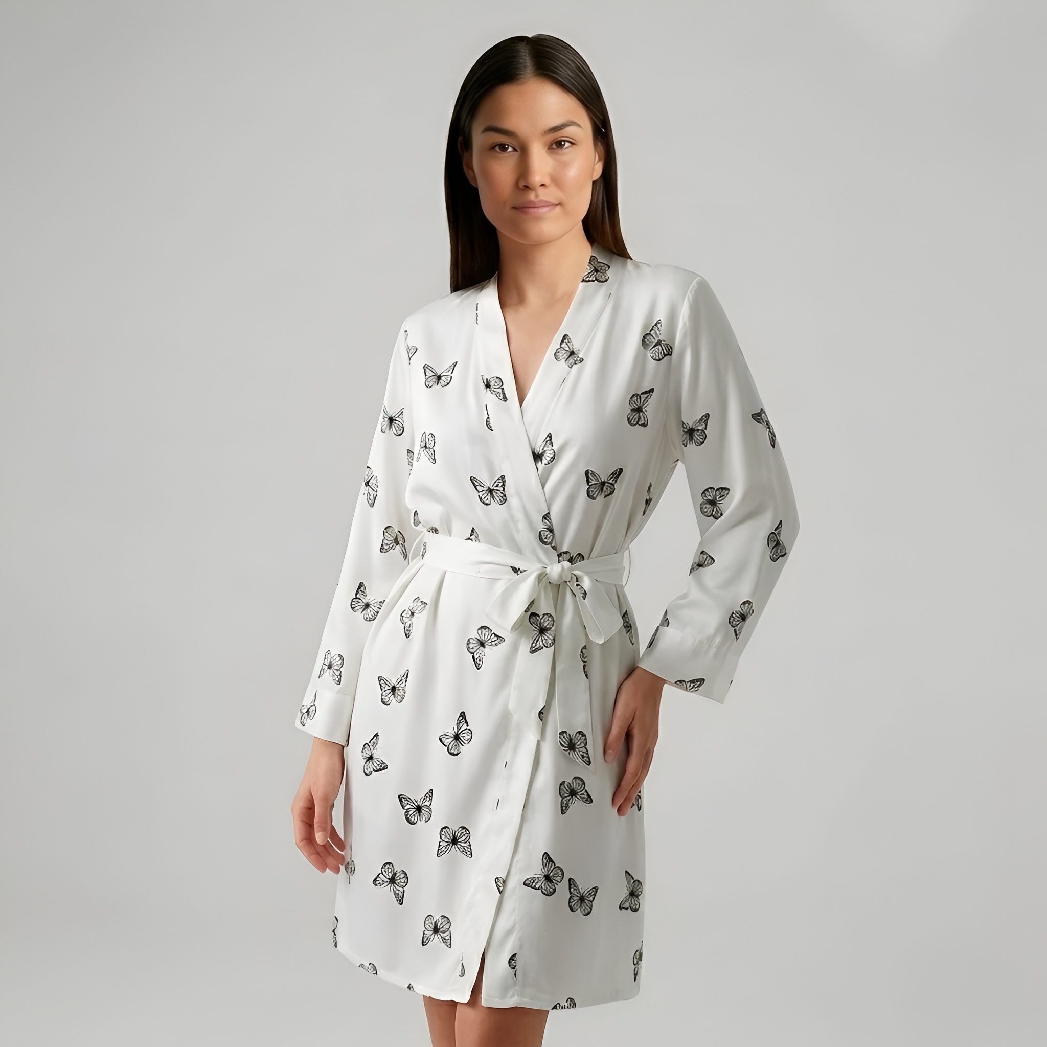 Long Sleeve Self Tie Belt Women Butterfly Print Robe