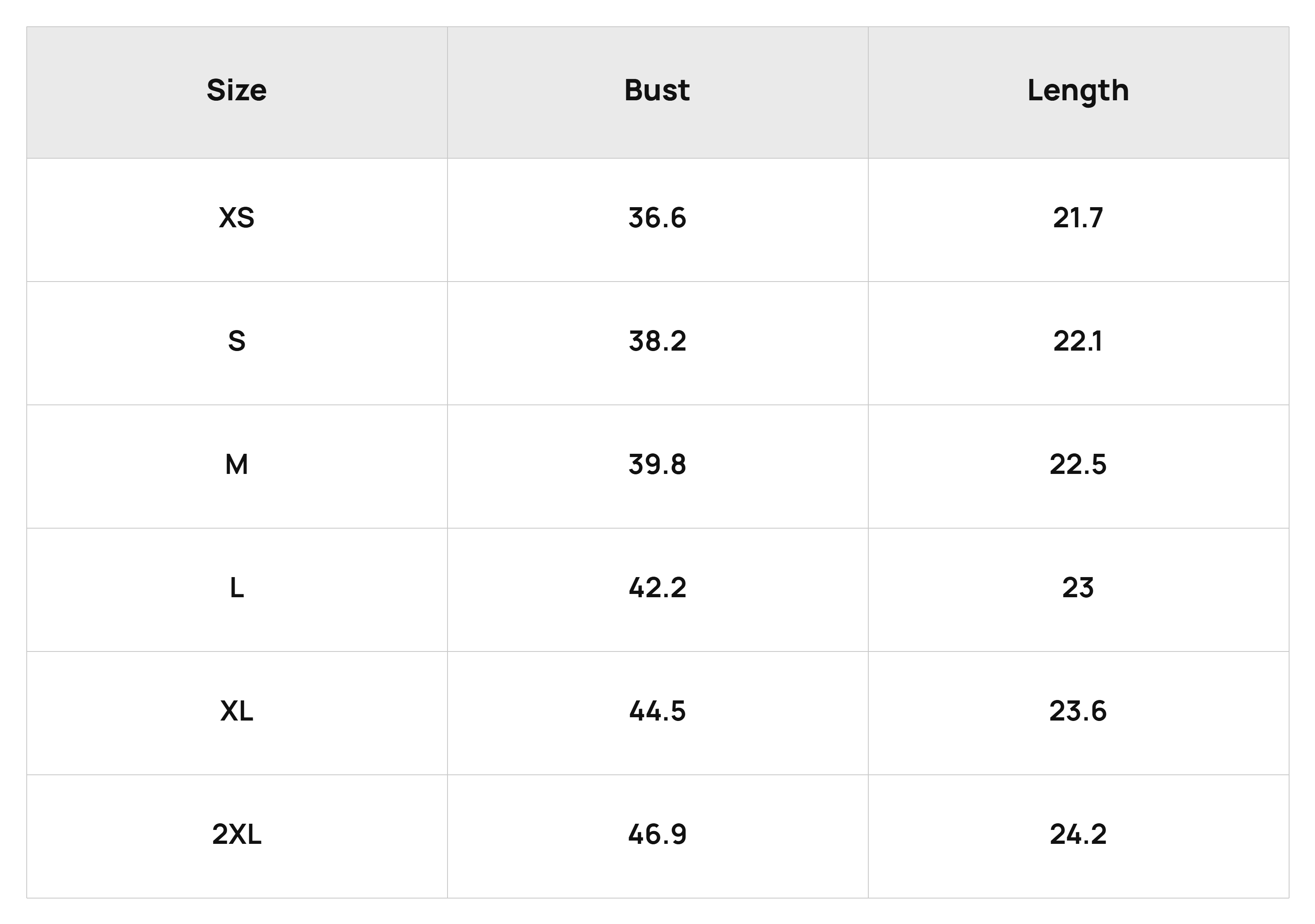 Size Chart Tops Product Size Chart