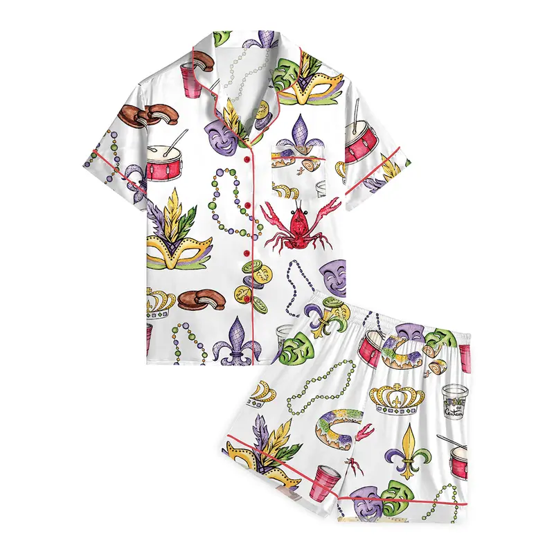 Product Introduction of Mardi Gras Beads King Cake Crawfish Pajama Set For Women Print Comfy Satin Sleepwear & Loungewear Pjs Short Sleeve Top & Bottoms Shorts Without Pockets - SHESHOW 4