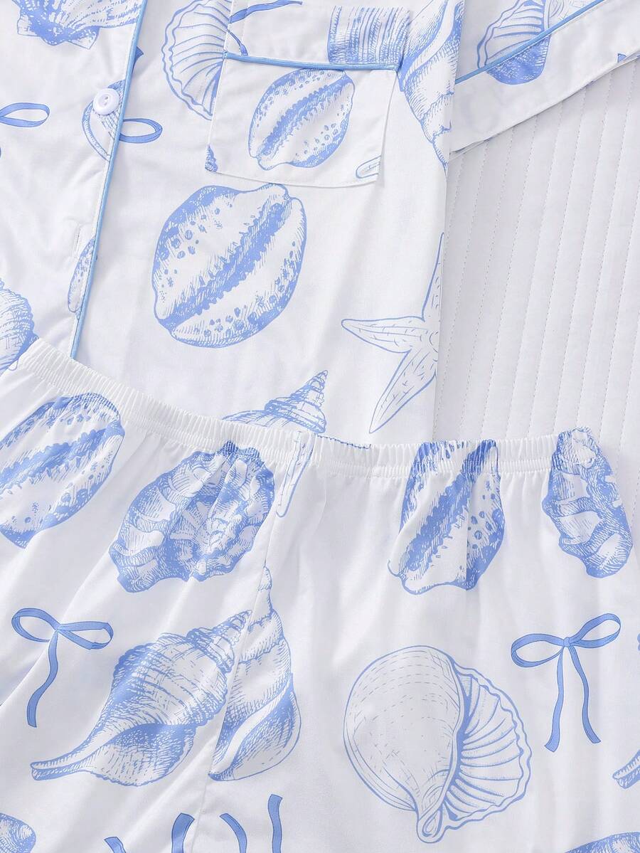 2pcs Women Pajama Set, Seashell Print, Ladies Homewear, Spring/Summer Holiday Outfit, Short Sleeve Lapel Top And Shorts Can Be Worn Outerwear - White - View 7