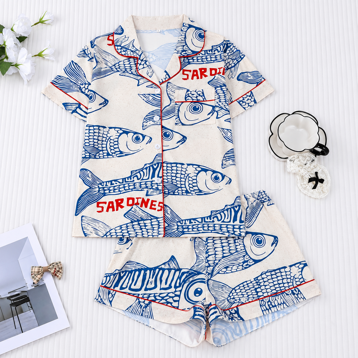 2 Pieces Sardine Printed Pajama Shorts Set For Women