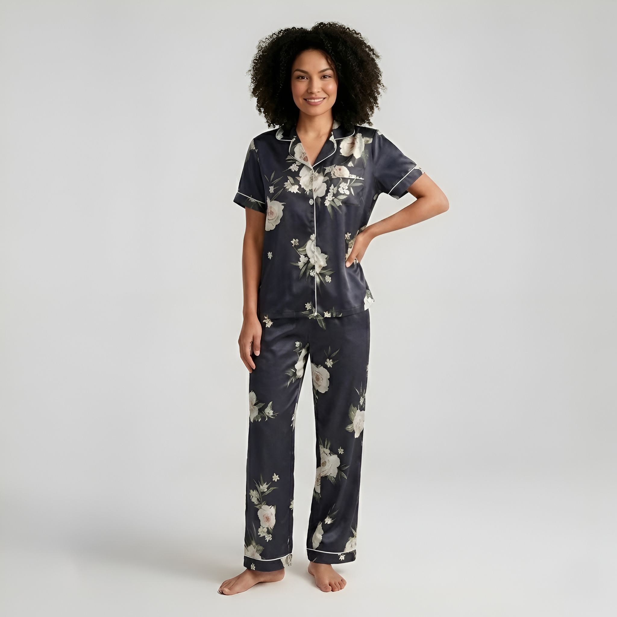 Floral Silk Touch Matching Pajama Set for Women