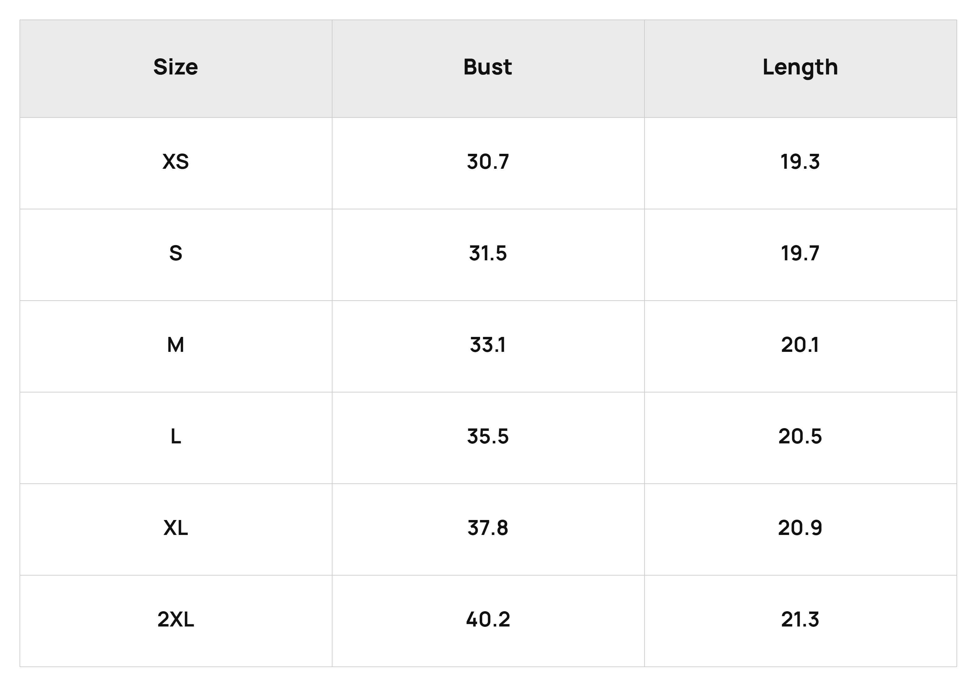 Size Chart Tops Product Size Chart