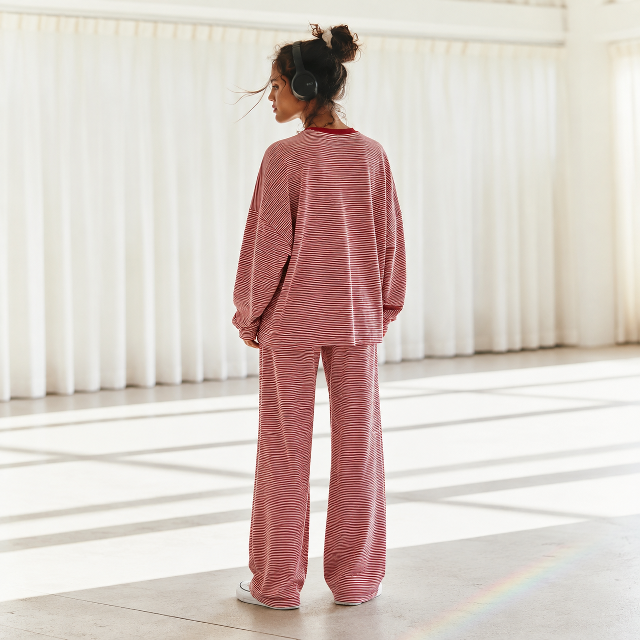 2 Pieces Wide Oversized Long Striped Cotton Loungewear For Women