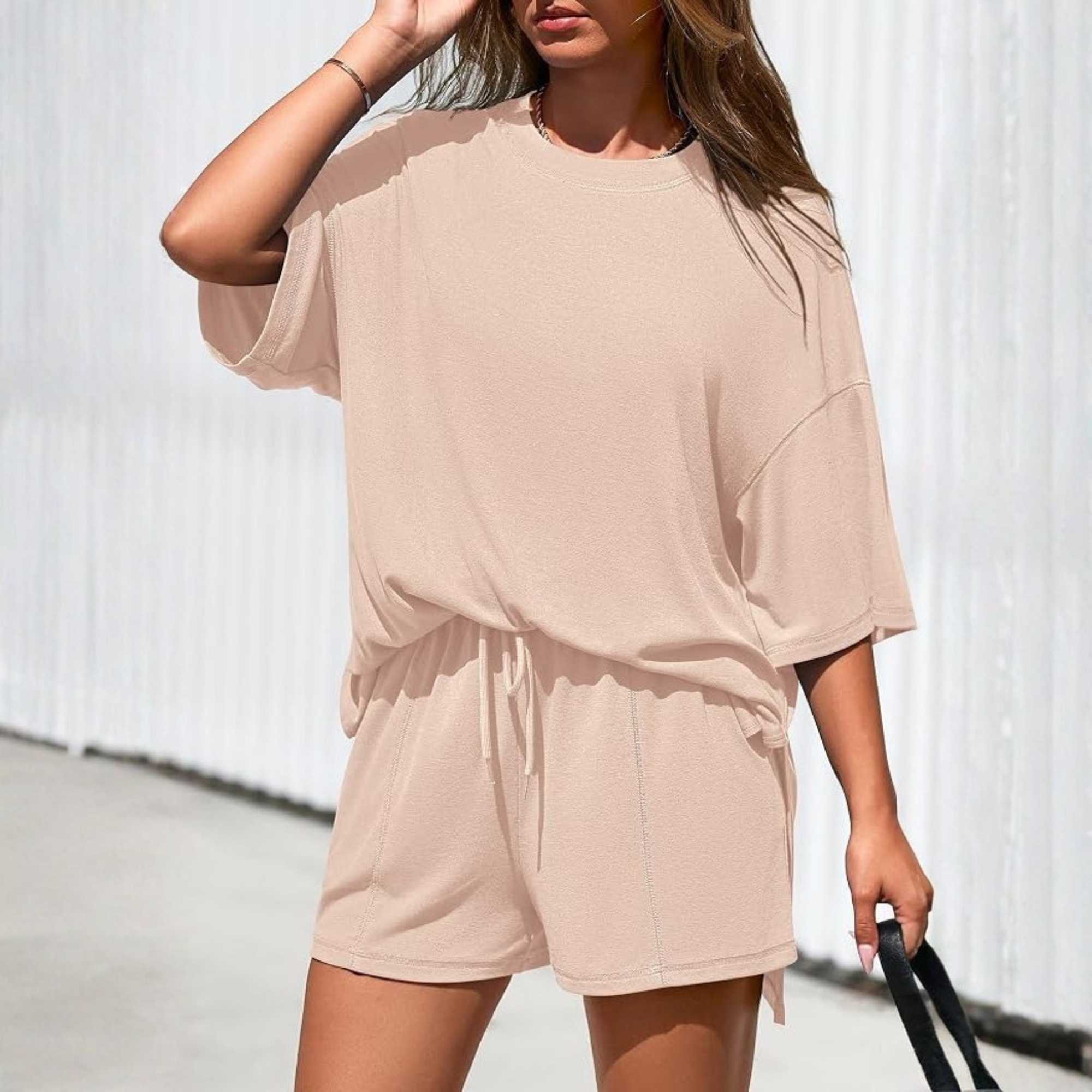 2 Piece Lounge Set With Oversized T Shirt And Shorts For Women