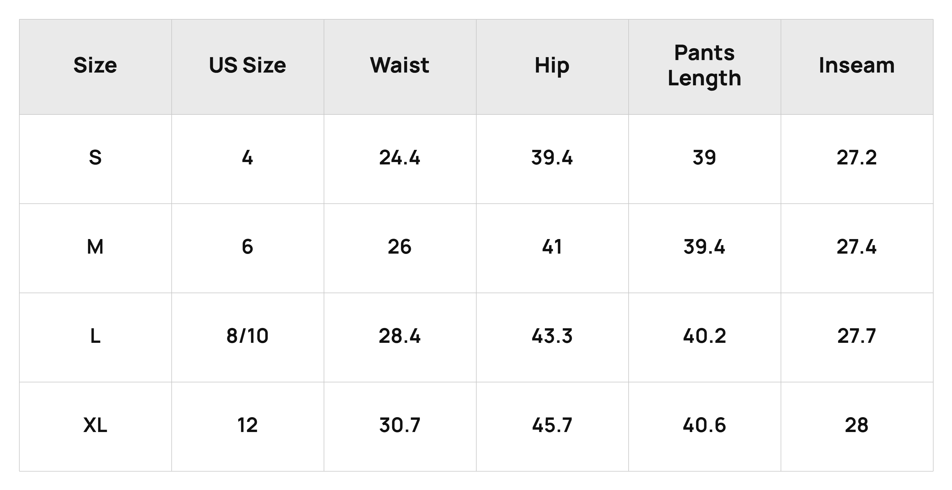 Size Chart Bottoms Product Size Chart