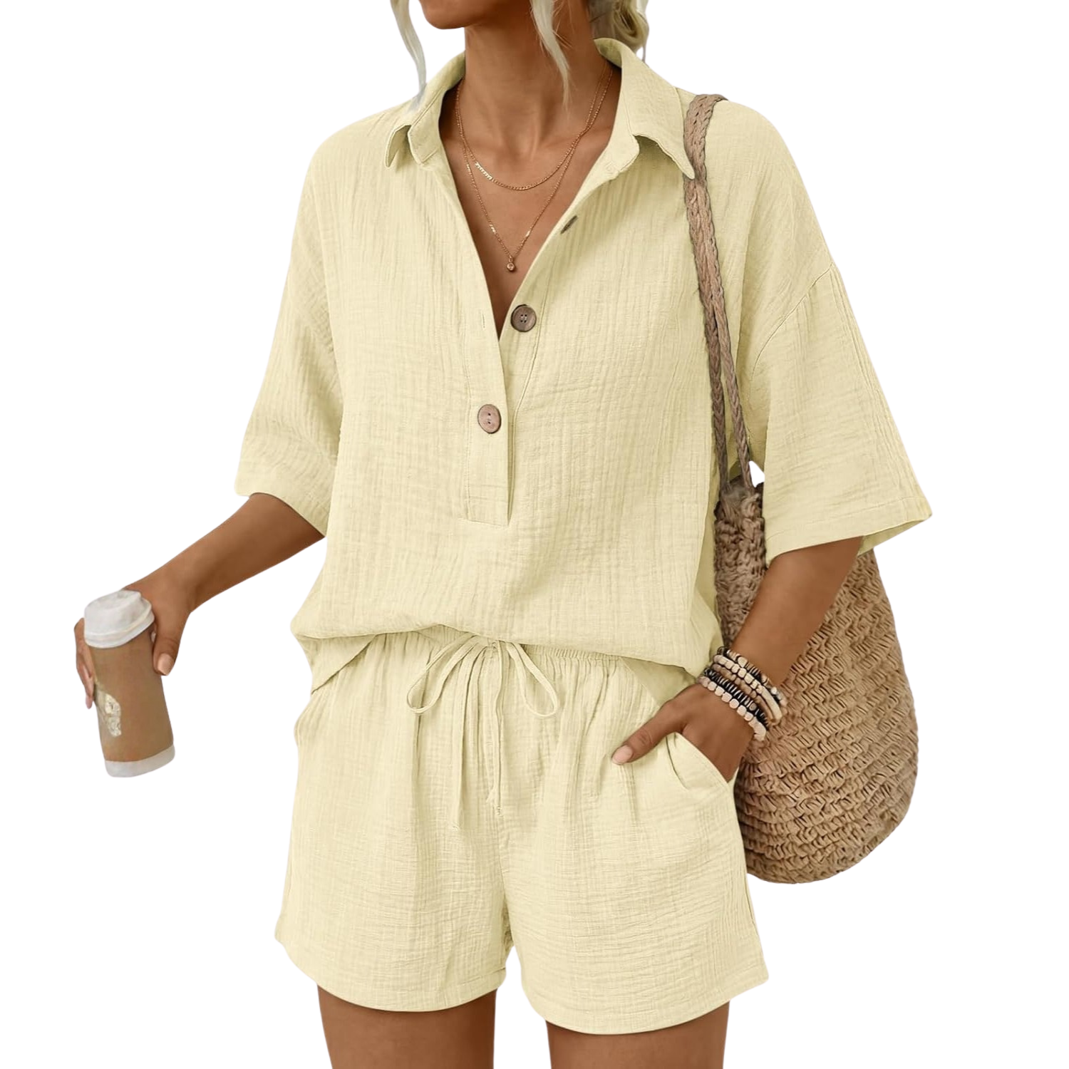 Linen Short Sleeve Summer Vacation Beach Short Sets For Women