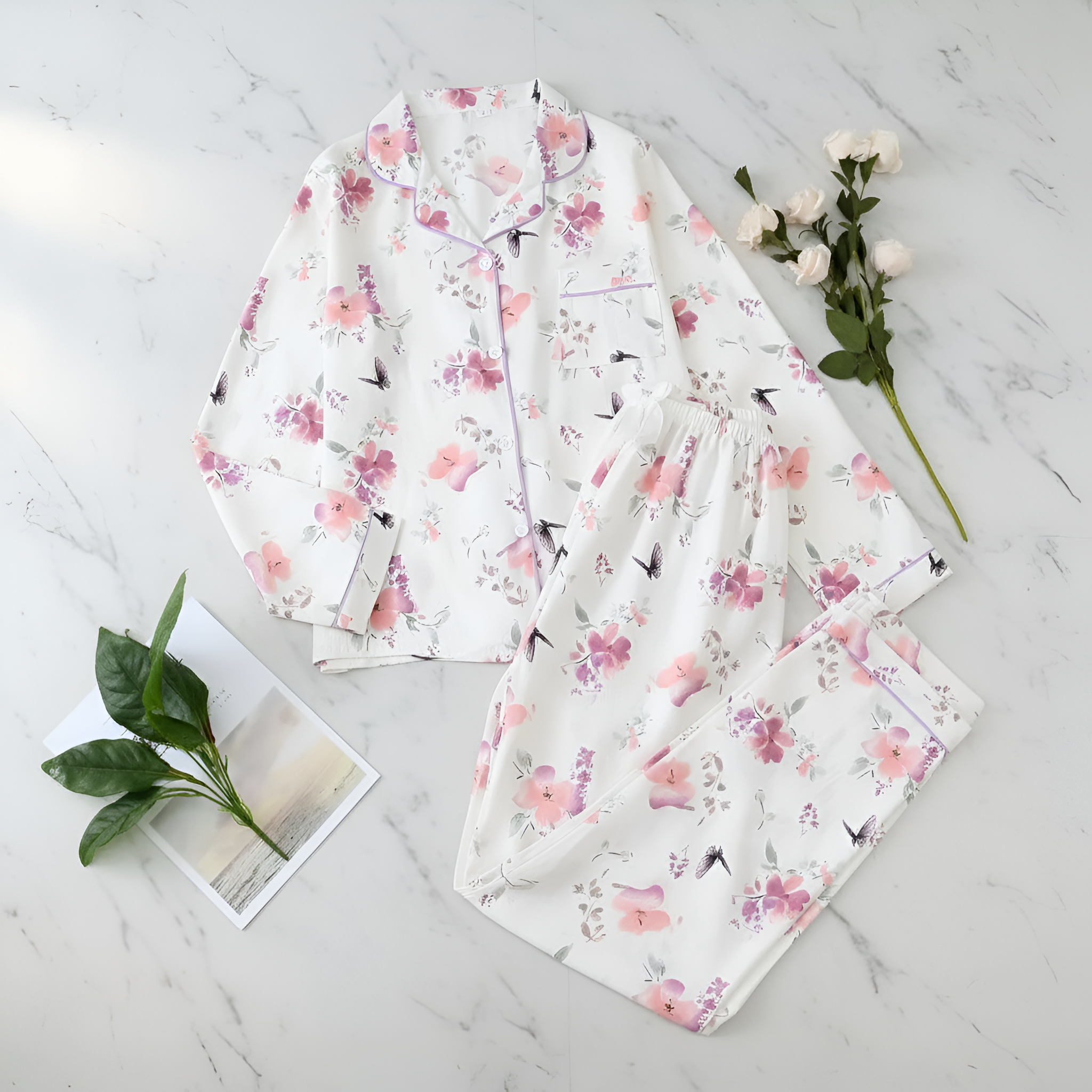 Printed Long Sleeve Pajama Set With Button Details For Women With Lapel Pocket