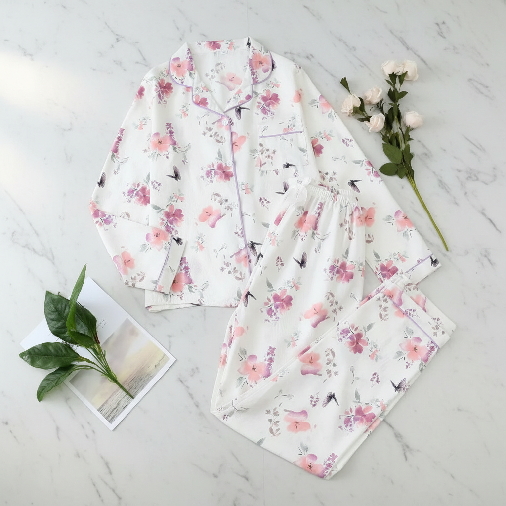 Printed Long Sleeve Pajama Set With Button Details For Women