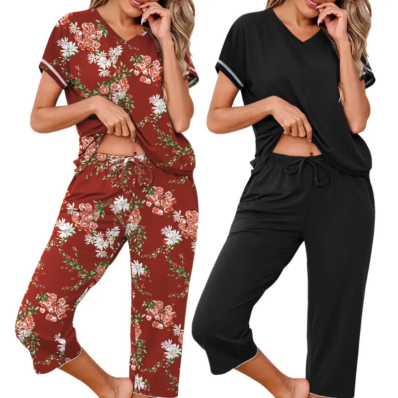 Pack of 2 Short Sleeve Capri Pajama Set with Pockets for Women