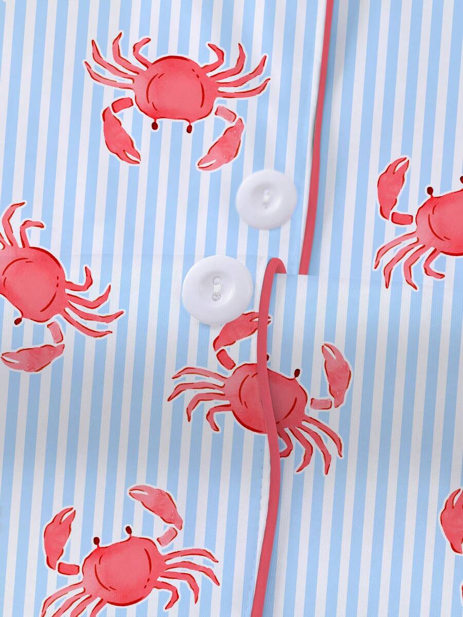 2pcs/Set Women's Pajama Set, Crab Print, Women's Loungewear, Spring/Summer Holiday Outfit, Short Sleeve Lapel Top And Shorts, Can Be Worn Out - Blue - View 3