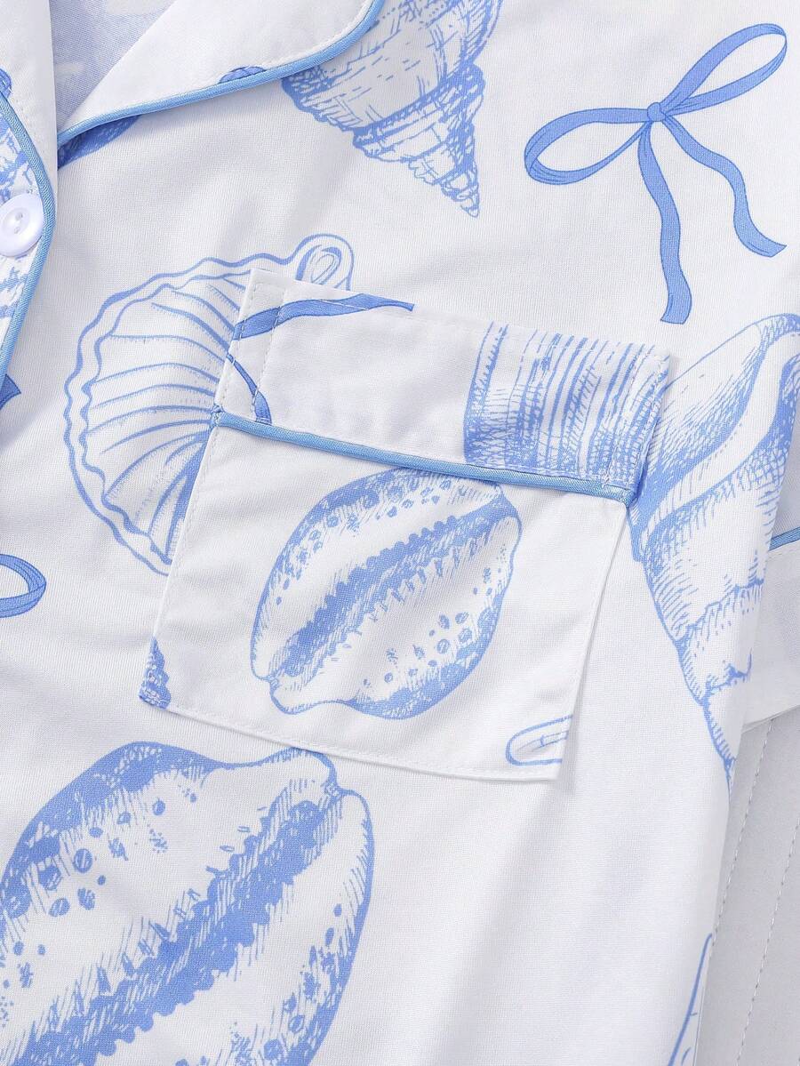 2pcs Women Pajama Set, Seashell Print, Ladies Homewear, Spring/Summer Holiday Outfit, Short Sleeve Lapel Top And Shorts Can Be Worn Outerwear - White - View 6