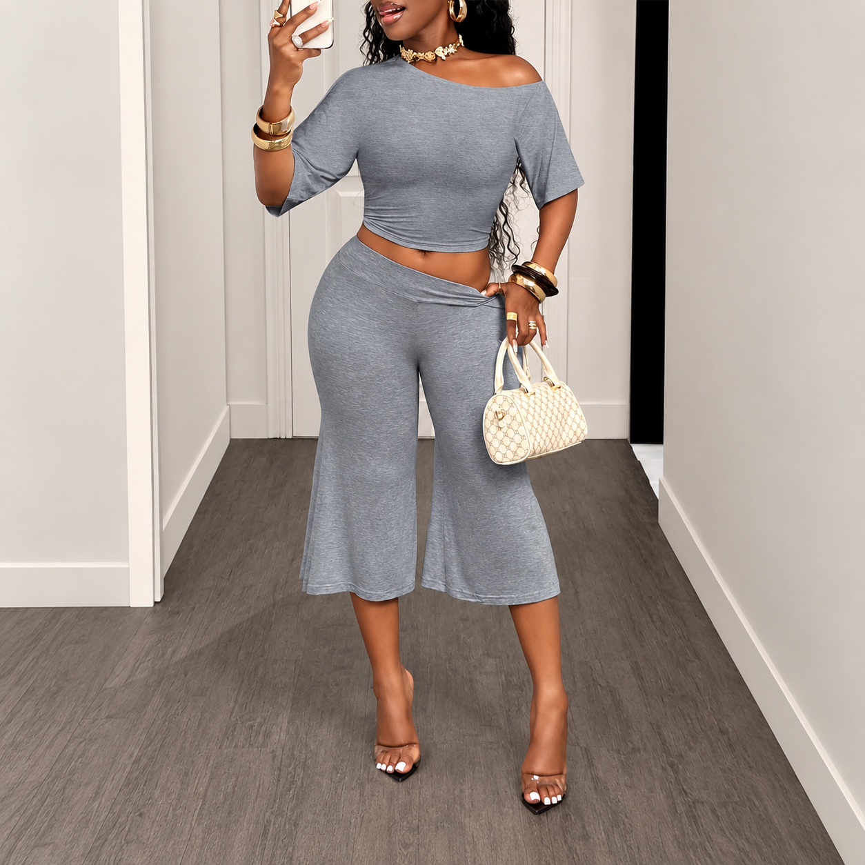 Asymmetrical Cropped T Shirt and Wide Cut Capri Pants 2 Piece Casual Set for Women