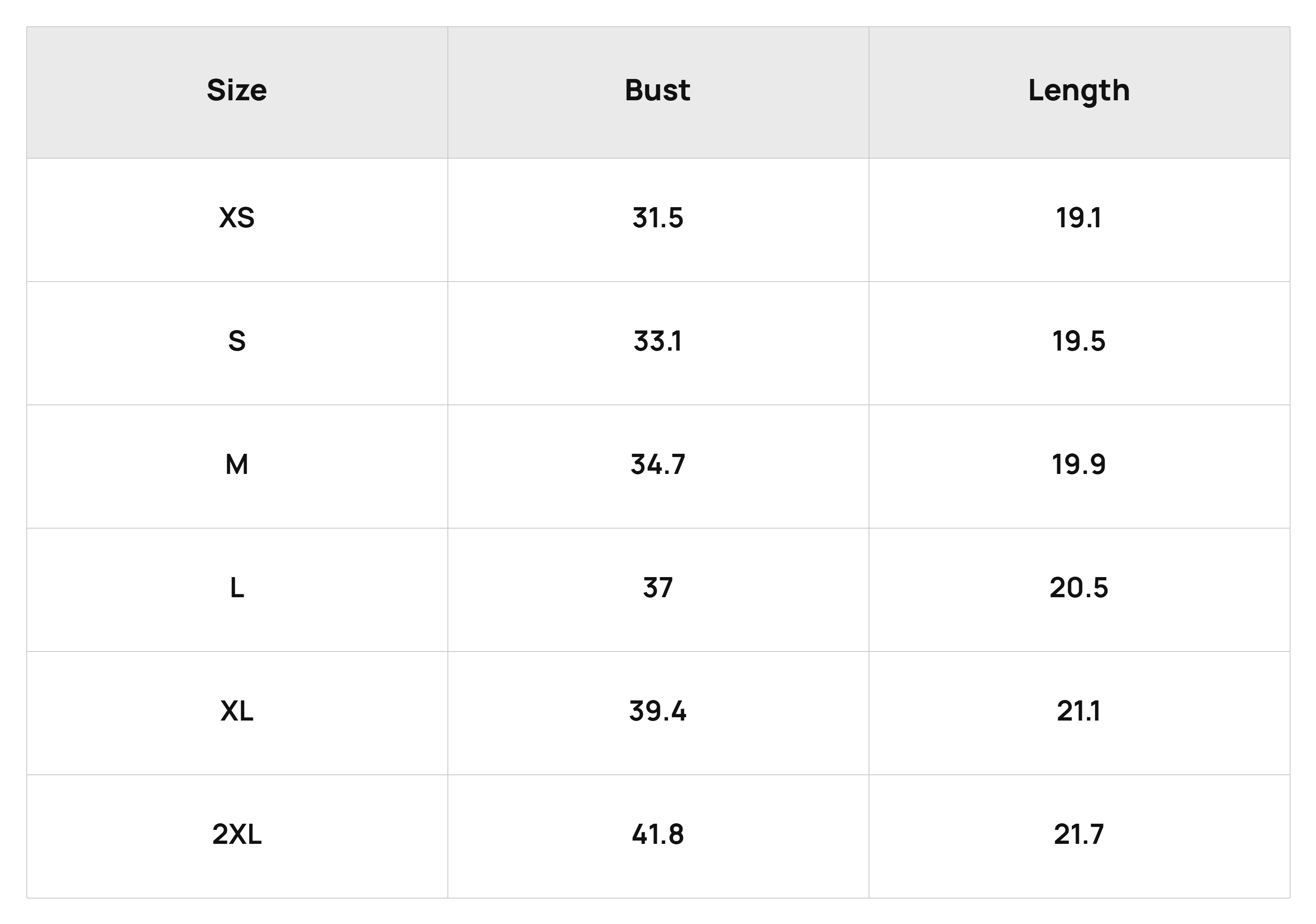 Size Chart Tops Product Size Chart
